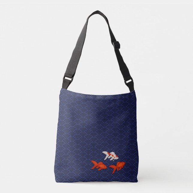 Fantail Goldfish on Seigaiha Wave Pattern Japanese Crossbody Bag (Front)