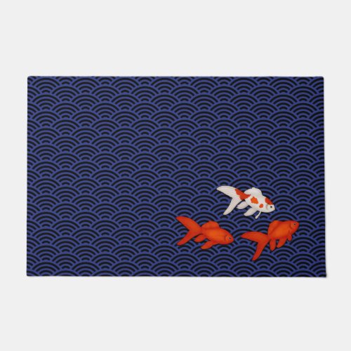 Fantail Goldfish on Seigaiha Wave Pattern Japanese Doormat