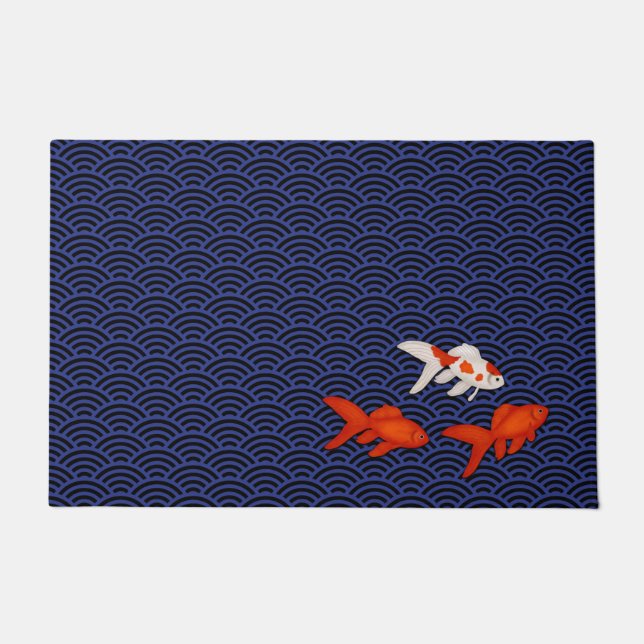 Fantail Goldfish on Seigaiha Wave Pattern Japanese Doormat (Front)