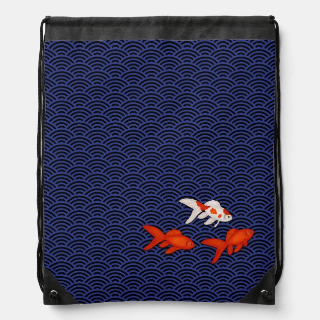 Fantail Goldfish on Seigaiha Wave Pattern Japanese Drawstring Bag (Front)