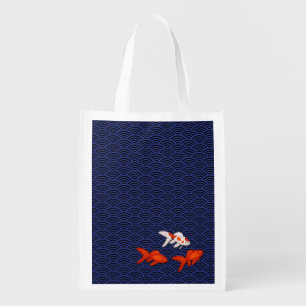 Fantail Goldfish on Seigaiha Wave Pattern Japanese Grocery Bag