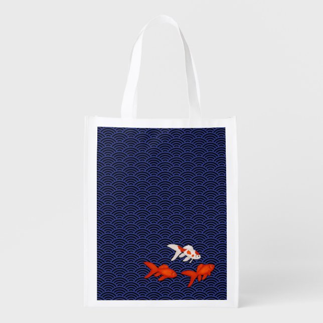 Fantail Goldfish on Seigaiha Wave Pattern Japanese Grocery Bag (Front)