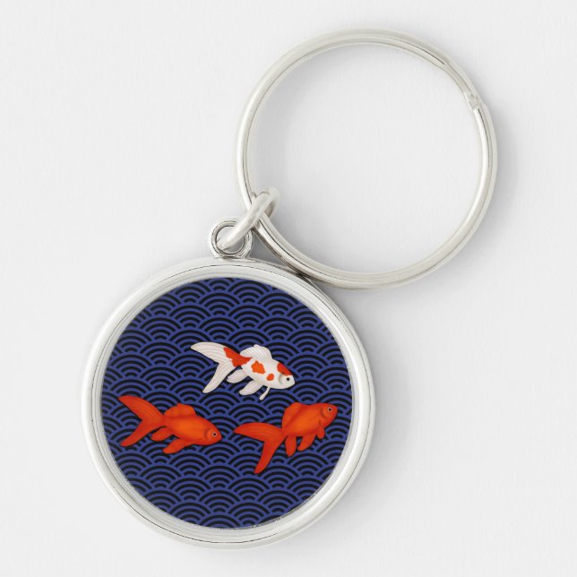 Fantail Goldfish on Seigaiha Wave Pattern Japanese Keychain (Front)