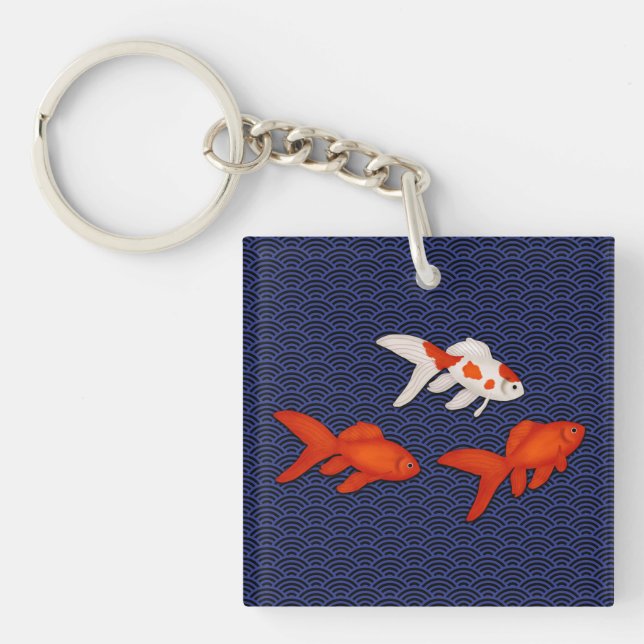 Fantail Goldfish on Seigaiha Wave Pattern Japanese Keychain (Front)