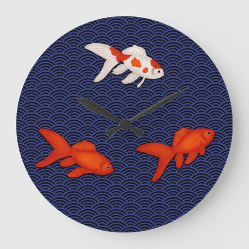 Fantail Goldfish on Seigaiha Wave Pattern Japanese Large Clock