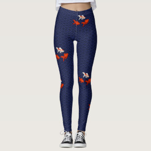 Fantail Goldfish on Seigaiha Wave Pattern Japanese Leggings
