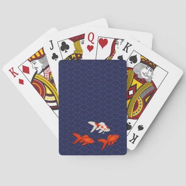 Fantail Goldfish on Seigaiha Wave Pattern Japanese Poker Cards (Back)