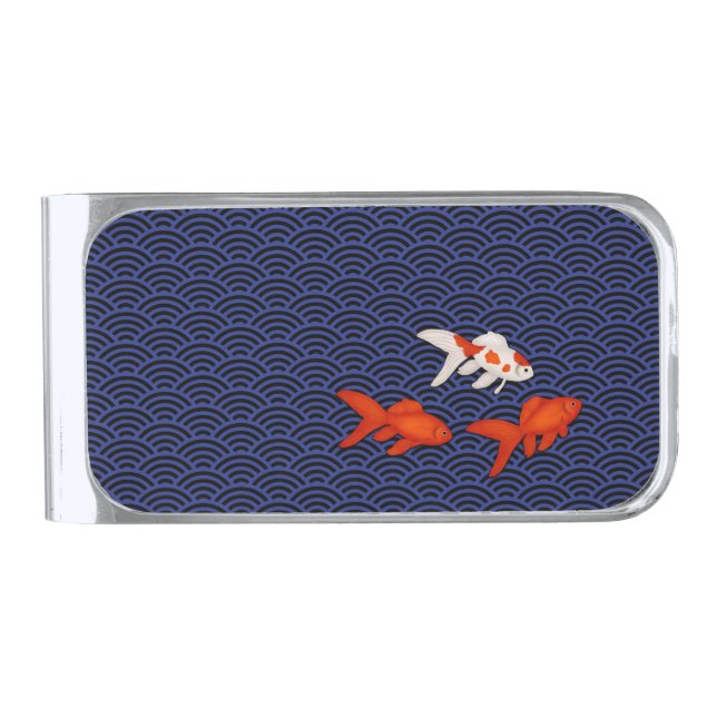 Fantail Goldfish on Seigaiha Wave Pattern Japanese Silver Finish Money Clip (Front)