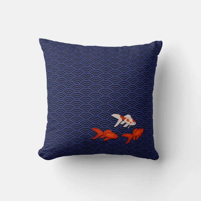 Fantail Goldfish on Seigaiha Wave Pattern Japanese Throw Pillow (Front)