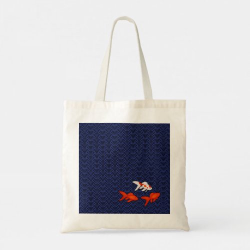 Fantail Goldfish on Seigaiha Wave Pattern Japanese Tote Bag