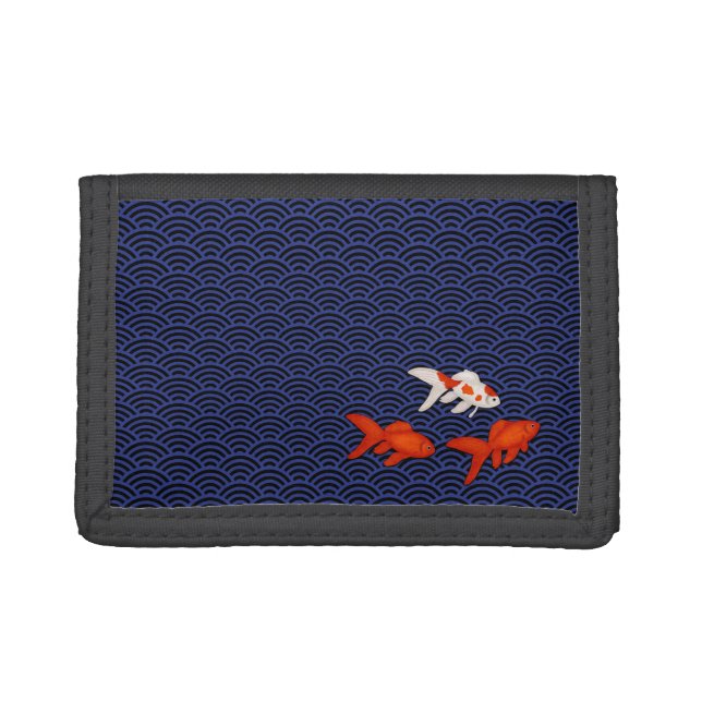 Fantail Goldfish on Seigaiha Wave Pattern Japanese Trifold Wallet (Front)