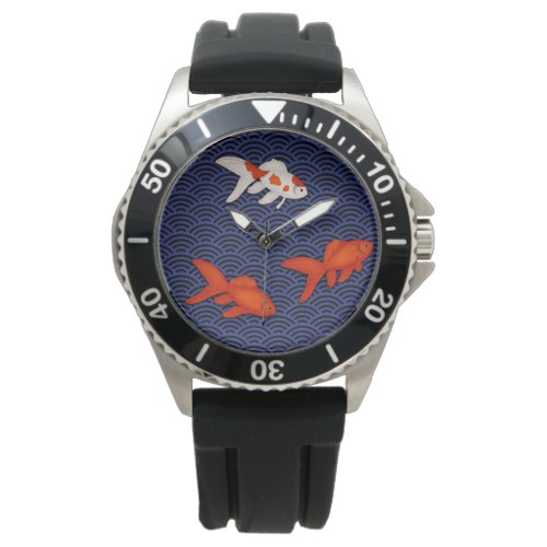 Fantail Goldfish on Seigaiha Wave Pattern Japanese Watch