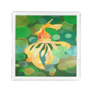 Fantail Goldfish With Green Bubbles Vector Acrylic Tray