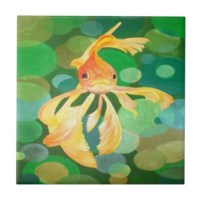 Fantail Goldfish With Green Bubbles Vector Ceramic Tile (Front)