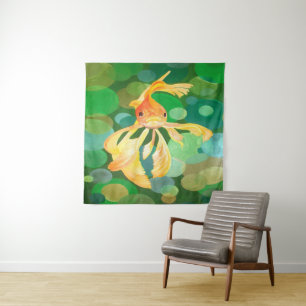 Fantail Goldfish With Green Bubbles Vector Tapestry