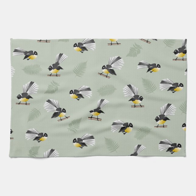 Fantail NZ Native birds Pattern Kitchen Towel (Horizontal)