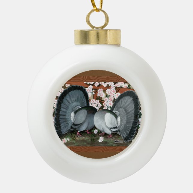 Fantail Pigeons Matched Pair Ceramic Ball Christmas Ornament (Front)