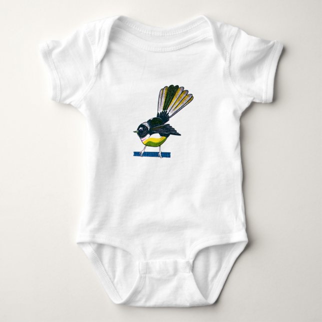 Fantail retro NZ bird print Baby Bodysuit (Front)