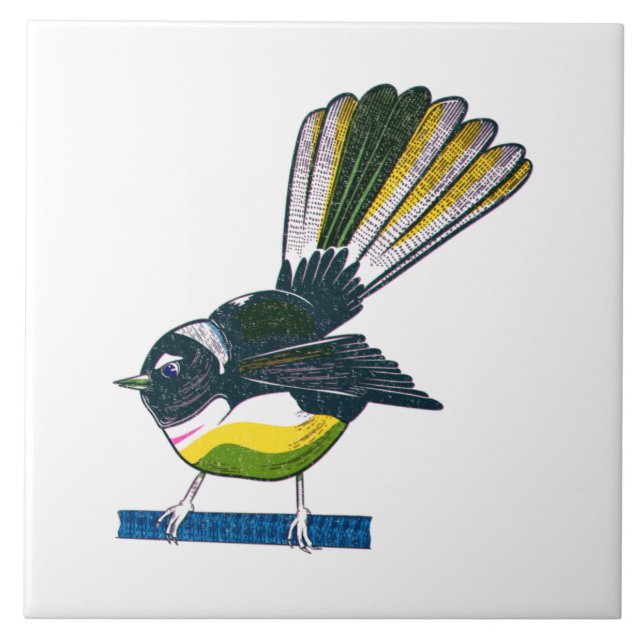 Fantail retro NZ bird print Ceramic Tile (Front)
