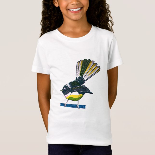 Fantail retro NZ bird print T-Shirt (Front)