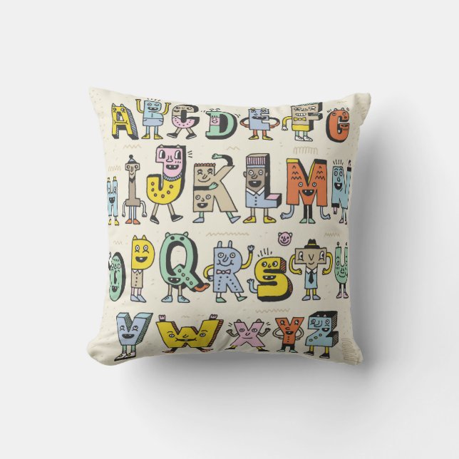 Fantastic Funny Alphabet. Wacky Doodle Letters Des Throw Pillow (Front)