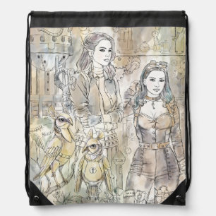 Fantastic hand-drawn steampunk girl drawstring bag