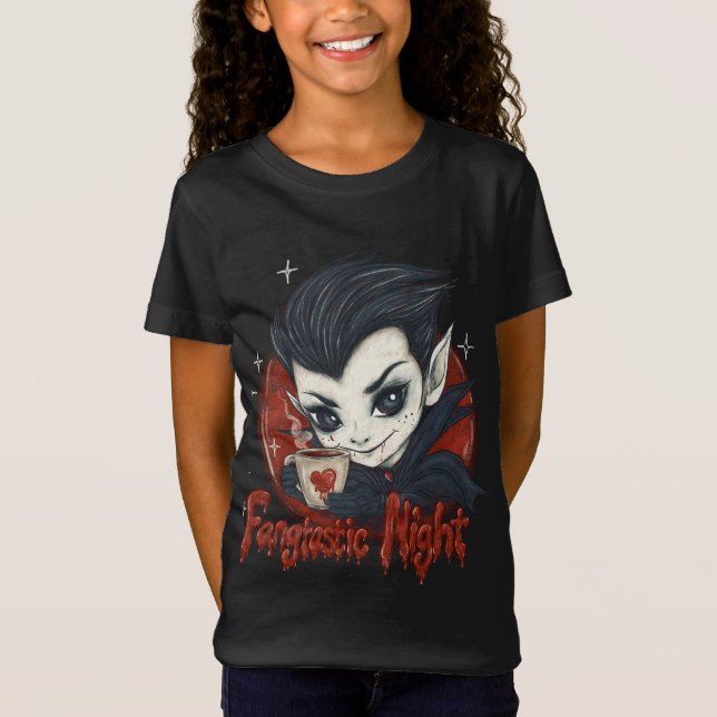 Fantastic night. Cute vampire with a cup of coffee T-Shirt (Front)