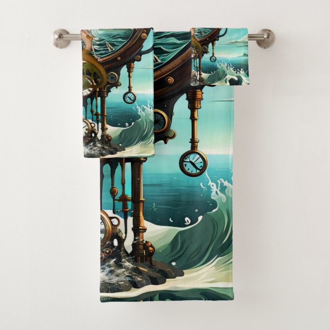 Fantastic steampunk sea clock bath towel set (Insitu)