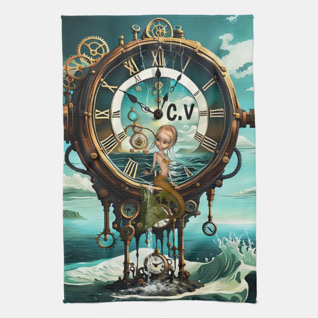 Fantastic steampunk sea clock kitchen towel (Vertical)