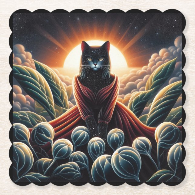 Fantastical Digital Art: Night Sky Cat Surrounded  Paper Coaster (Front)