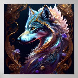 Fantastical Starry Wolf Poster