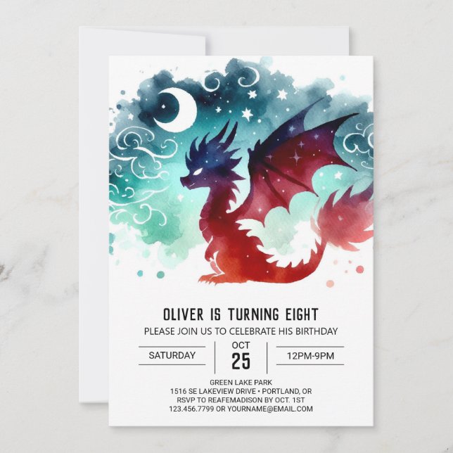 Fantastical Winged Dragon Birthday Celebration Invitation (Front)
