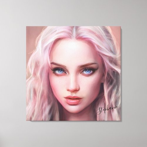 Fantasy 3D Beautiful Pink Hair Girl Portrait Canvas Print
