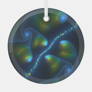 Fantasy Abstract Blue Green Yellow Fractal Art Glass Ornament