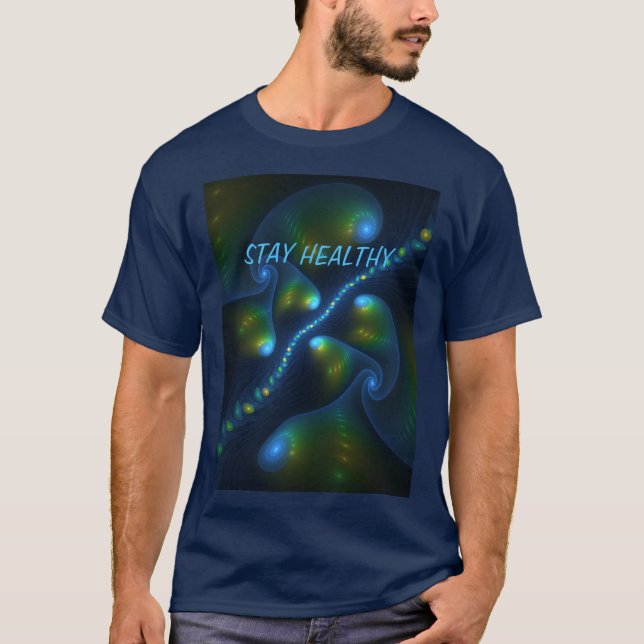 Fantasy Abstract Blue Green Yellow Fractal Text T-Shirt (Front)