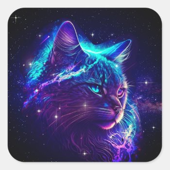 Fantasy Abstract Cute Galaxy Space Kitty Cat Square Sticker by azlaird at Zazzle