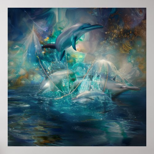 Fantasy Abstract Dolphins In The Ocean Poster