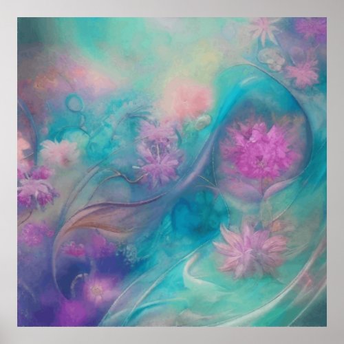 Fantasy Abstract Flowers In Pink And Aqua Wave Poster