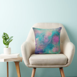 Fantasy Abstract Flowers In Pink And Aqua Wave Throw Pillow