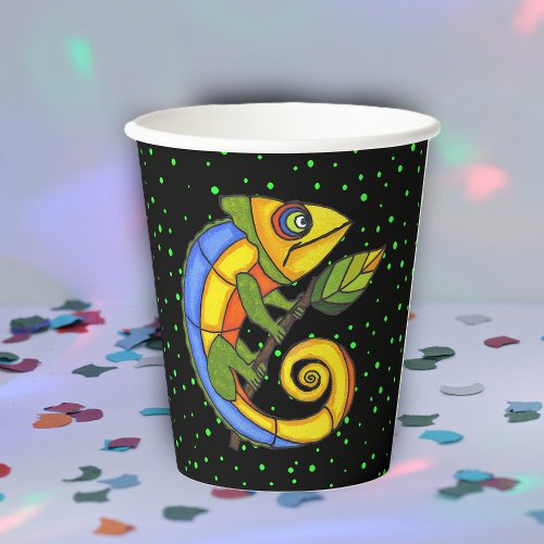 Fantasy Abstract Lizard Sitting on Leaf Green dots Paper Cups