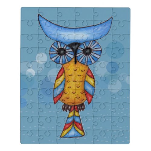 Fantasy Abstract Owl Blue Head Eyes on Circles Jigsaw Puzzle