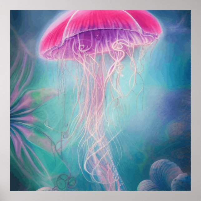 Fantasy Abstract Pink Jellyfish In The Ocean  Poster (Front)
