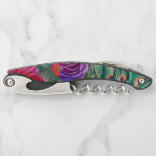 Fantasy Abstract Roses and Peacock Feathers Waiter's Corkscrew
