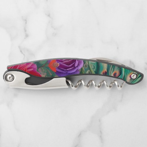 Fantasy Abstract Roses and Peacock Feathers Waiters Corkscrew