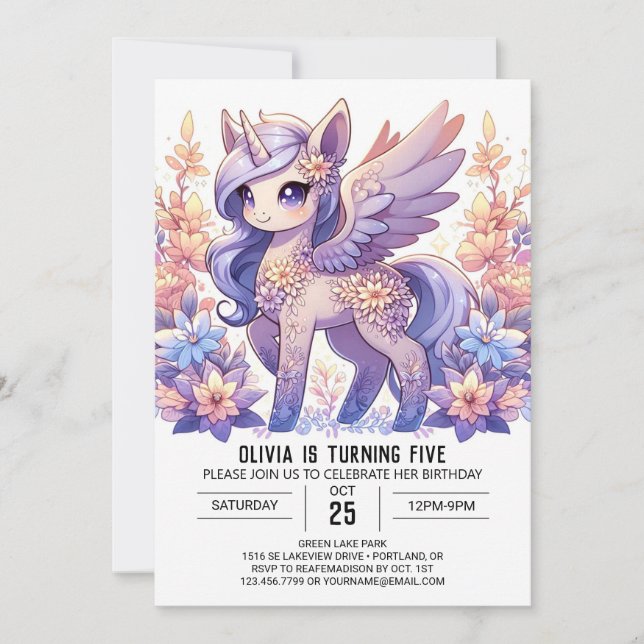 Fantasy Adorable Unicorn Digital Birthday  Invitation (Front)