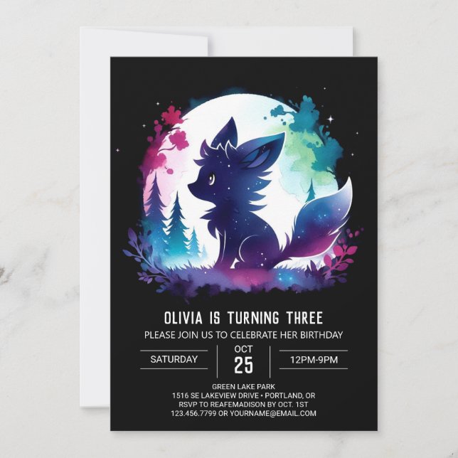 Fantasy Adorable Wolf Birthday Invitation (Front)