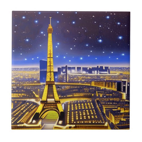 Fantasy Aerial View of Paris Under the Stars Ceramic Tile