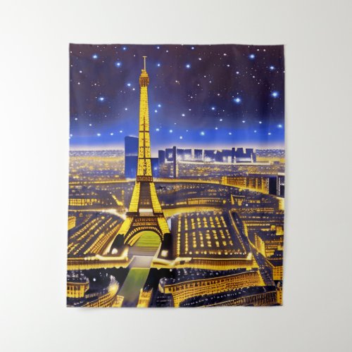 Fantasy Aerial View of Paris Under the Stars Tapestry