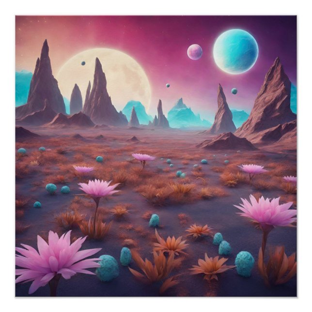 Fantasy Alien Planet Landscape with Flowers  Poster (Front)