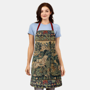 FANTASY ANIMALS,HORSES,WOODLAND Blue Green Floral Apron